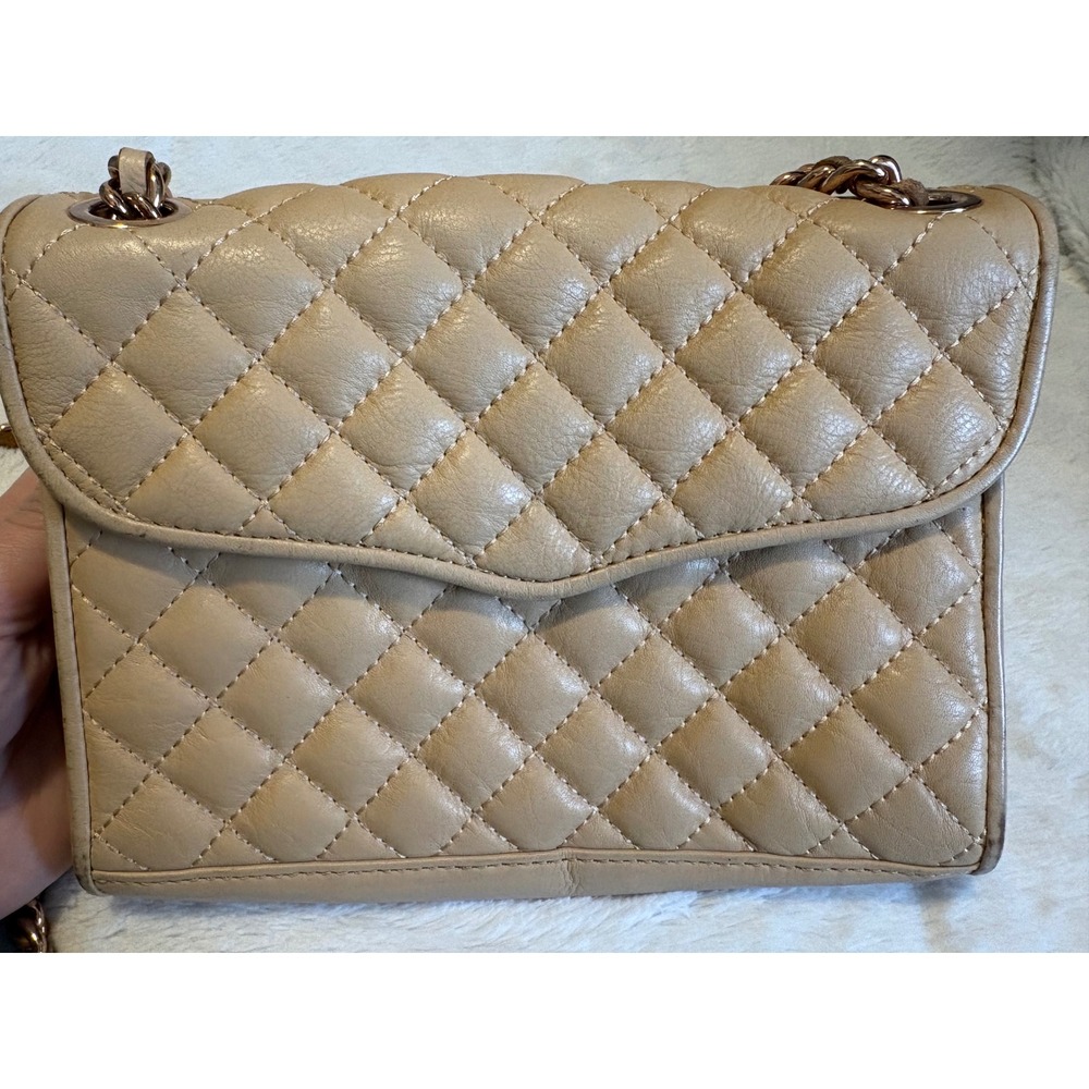 Rebecca Minkoff Affair Quilted Tan Leather Crossbody Bag Rose Gold Chain Strap